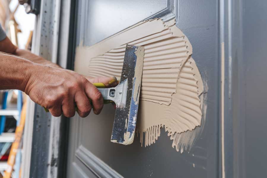 Man applying bondo to a steel door with a putty knife.